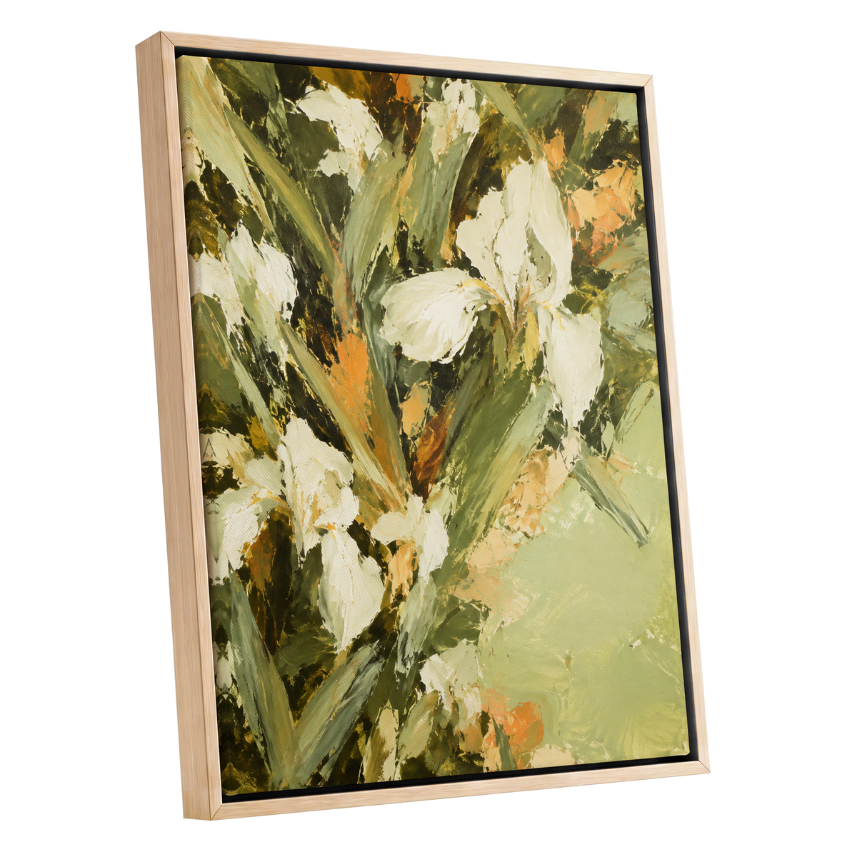 Ivory Garden Rhythm, green, white, beige floral wall art shown as a oak framed canvas wall art