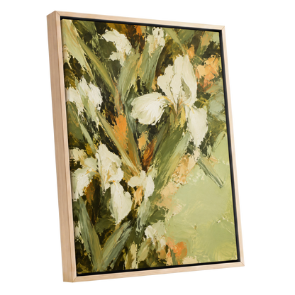 Ivory Garden Rhythm, green, white, beige floral wall art shown as a oak framed canvas wall art