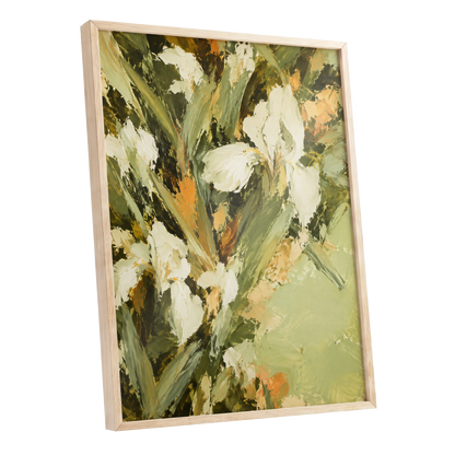 Ivory Garden Rhythm, green, white, beige floral wall art shown as a oak framed poster wall art print