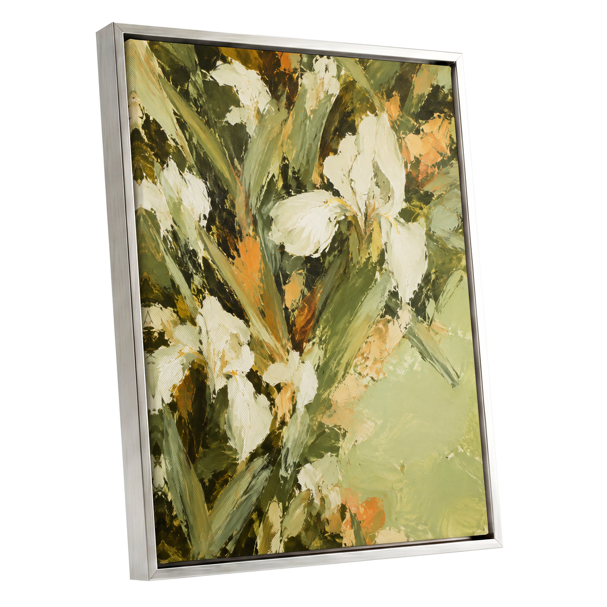 Ivory Garden Rhythm, green, white, beige floral wall art shown as a silver framed canvas wall art