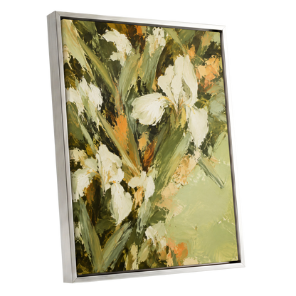 Ivory Garden Rhythm, green, white, beige floral wall art shown as a silver framed canvas wall art
