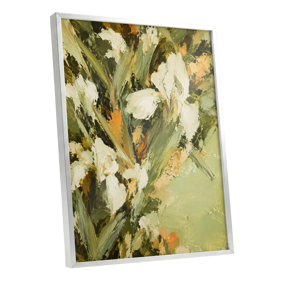 Ivory Garden Rhythm, green, white, beige floral wall art shown as a silver framed poster wall art print