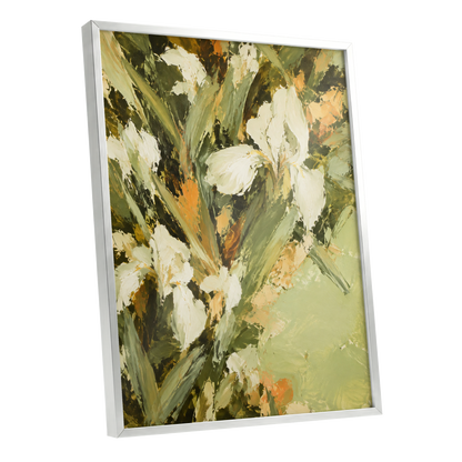 Ivory Garden Rhythm, green, white, beige floral wall art shown as a silver framed poster wall art print