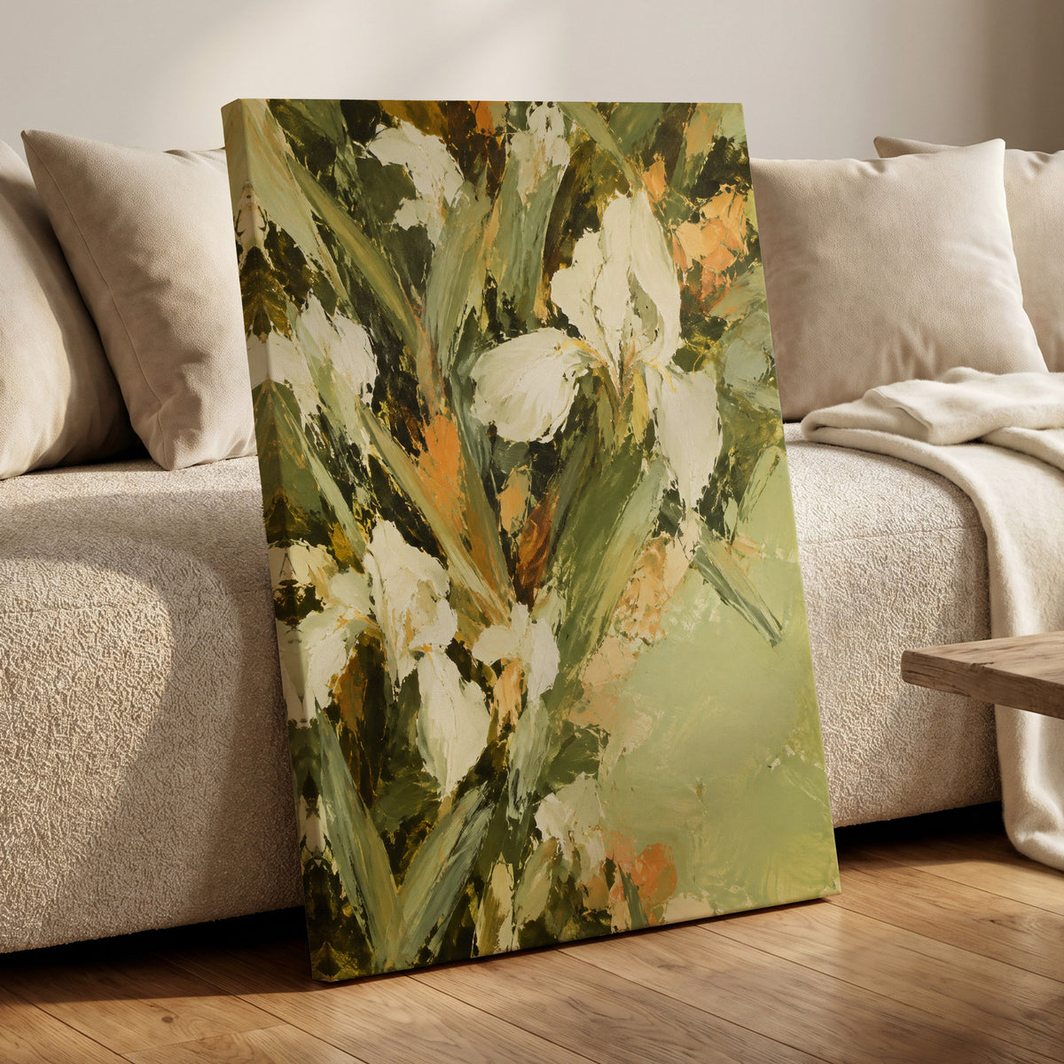 Ivory Garden Rhythm, green, white, beige floral wall art displayed in a styled interior, gallery view 3