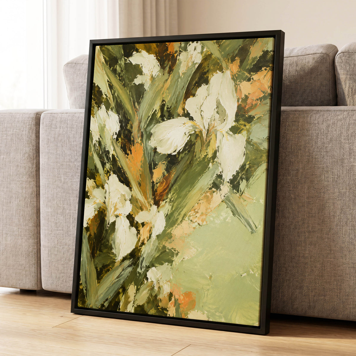 Ivory Garden Rhythm, green, white, beige floral wall art displayed in a styled interior, gallery view 4