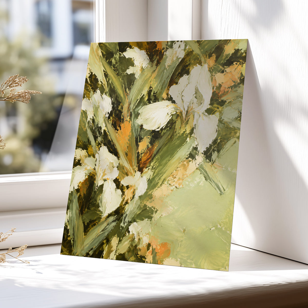 Ivory Garden Rhythm, green, white, beige floral wall art displayed in a styled interior, gallery view 5