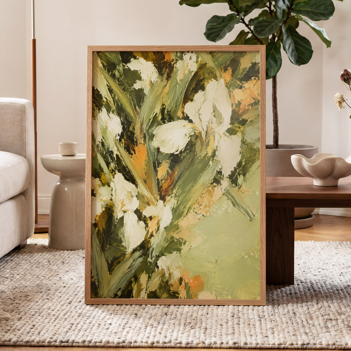 Ivory Garden Rhythm, green, white, beige floral wall art displayed in a styled interior, gallery view 6