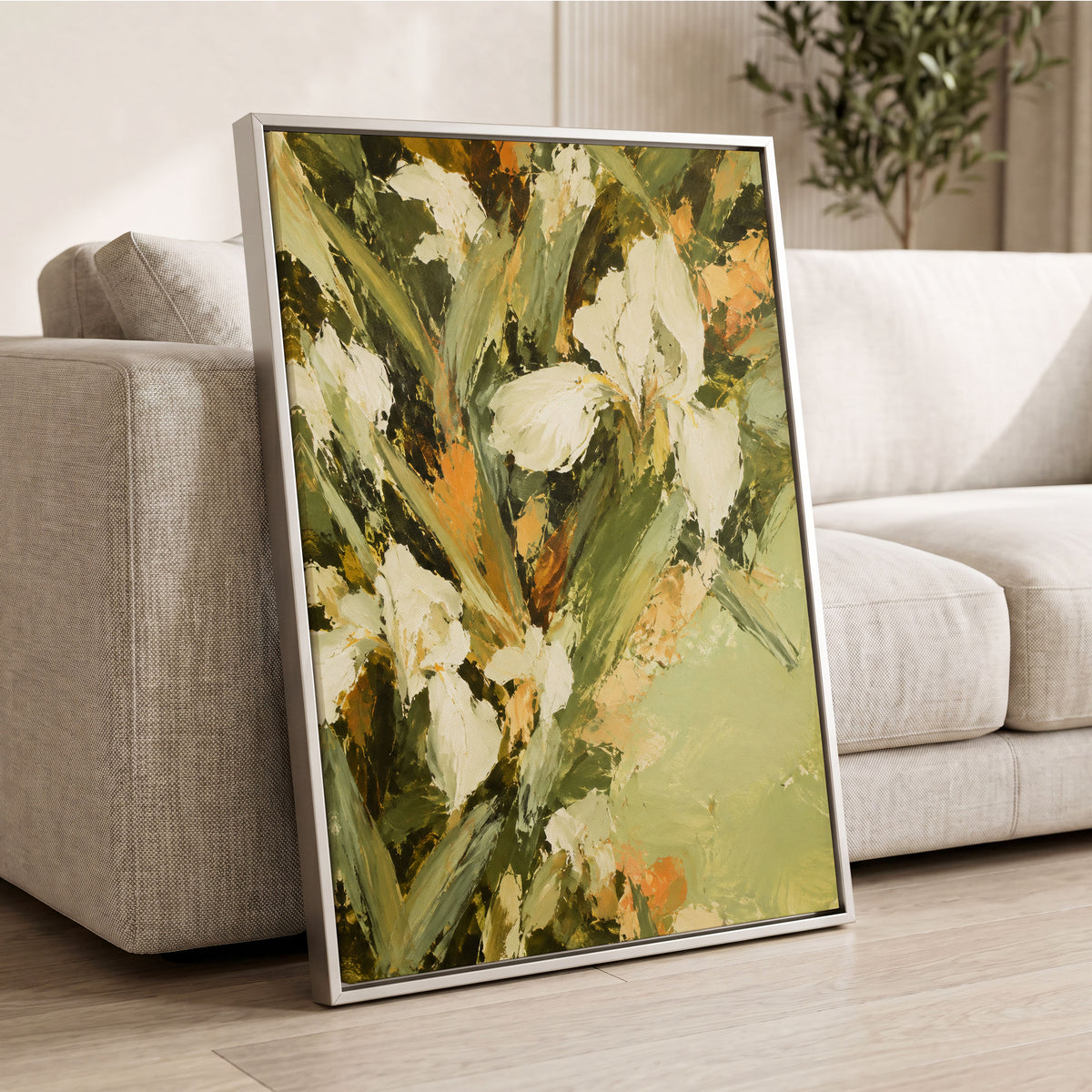 Ivory Garden Rhythm, green, white, beige floral wall art displayed in a styled interior, gallery view 8