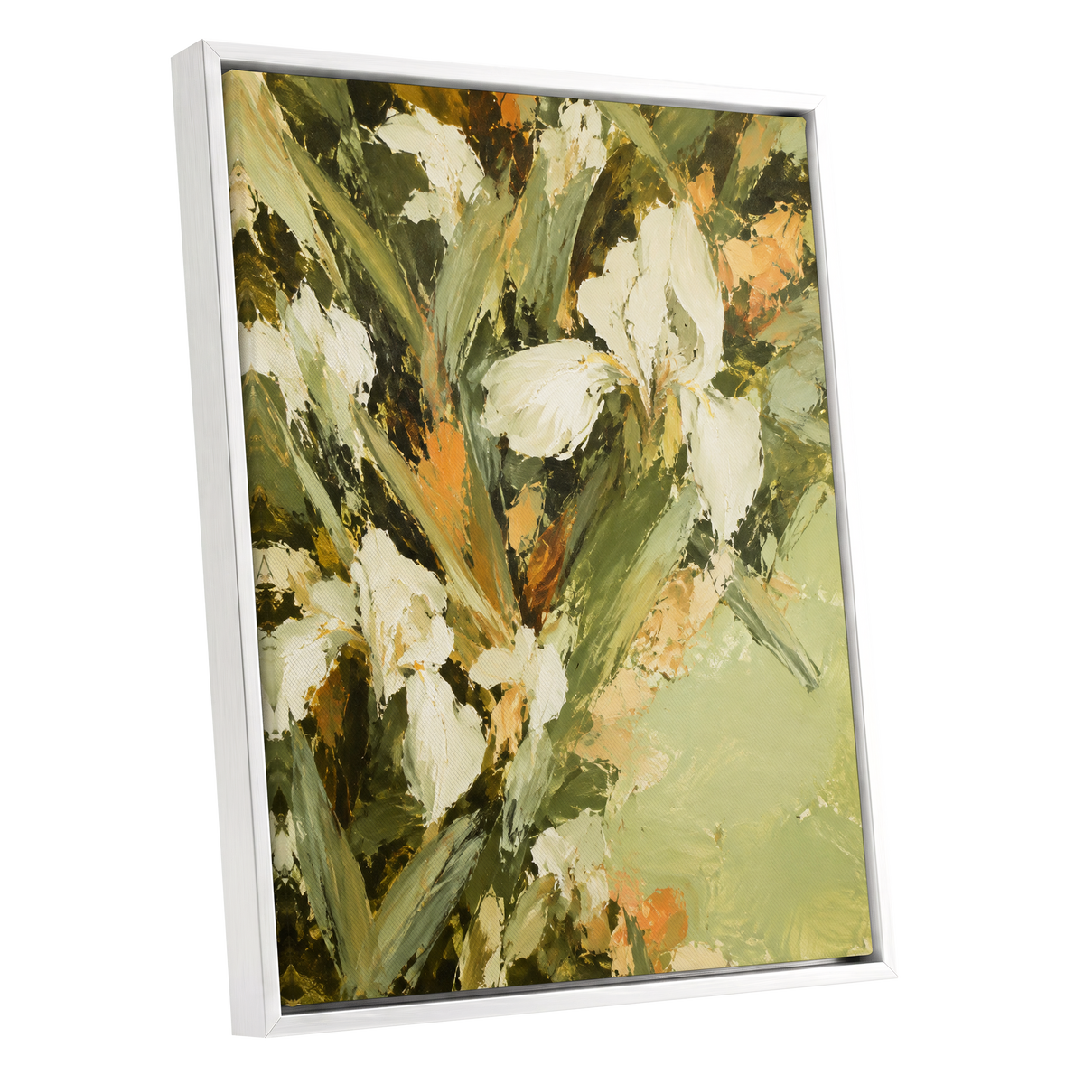 Ivory Garden Rhythm, green, white, beige floral wall art shown as a white framed canvas wall art