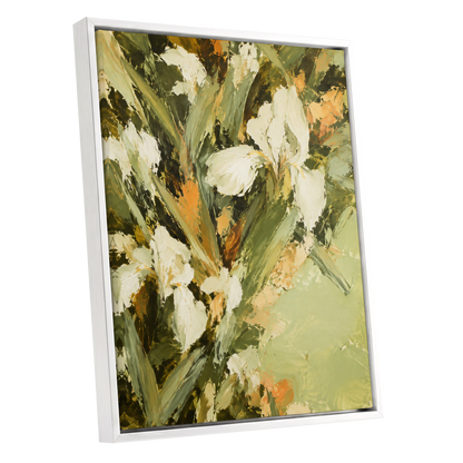Ivory Garden Rhythm, green, white, beige floral wall art shown as a white framed canvas wall art