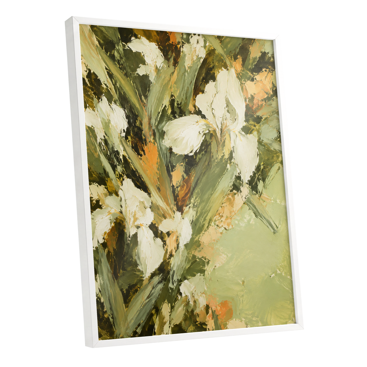 Ivory Garden Rhythm, green, white, beige floral wall art shown as a white framed poster wall art print