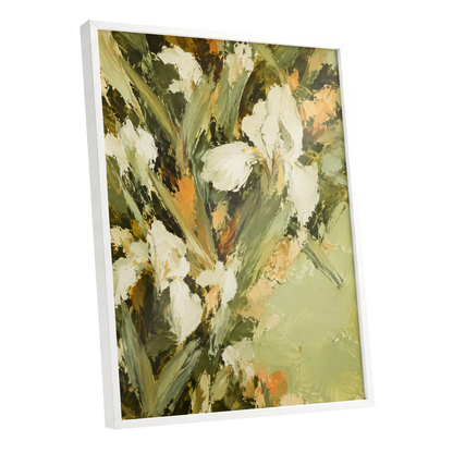 Ivory Garden Rhythm, green, white, beige floral wall art shown as a white framed poster wall art print