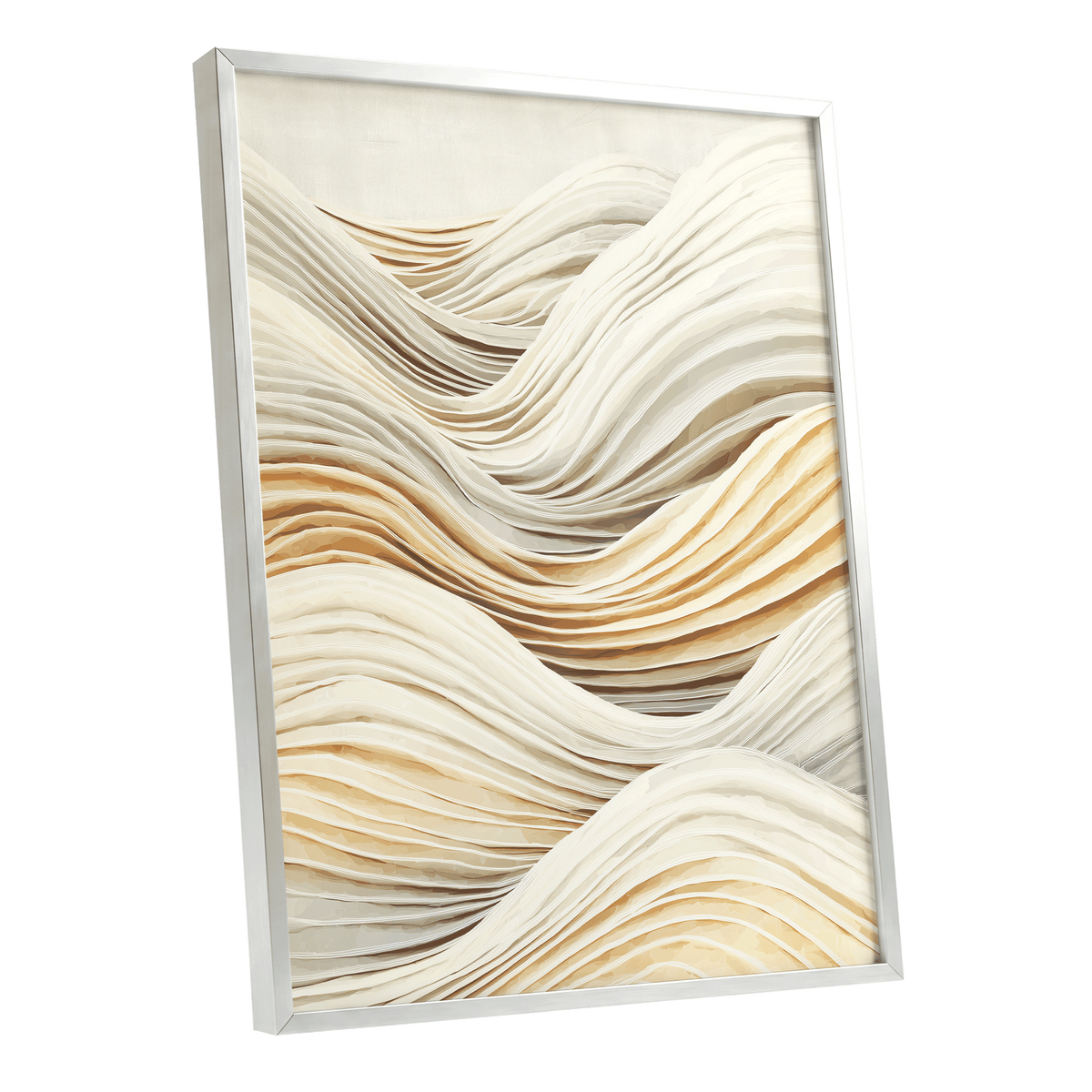 Ivory Layered Waves: a framed abstract wall art piece featuring layered, flowing wave-like forms in cream, beige, and light tan tones, shown at a slight angle against a plain white background.