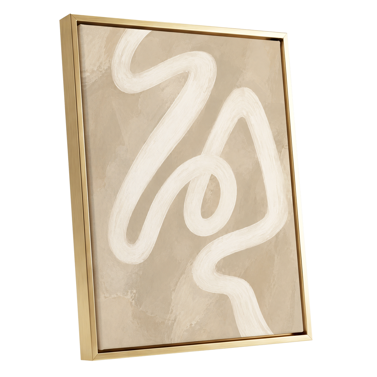 Ivory Meander, beige, white, brown abstract wall art shown as a gold framed canvas wall art