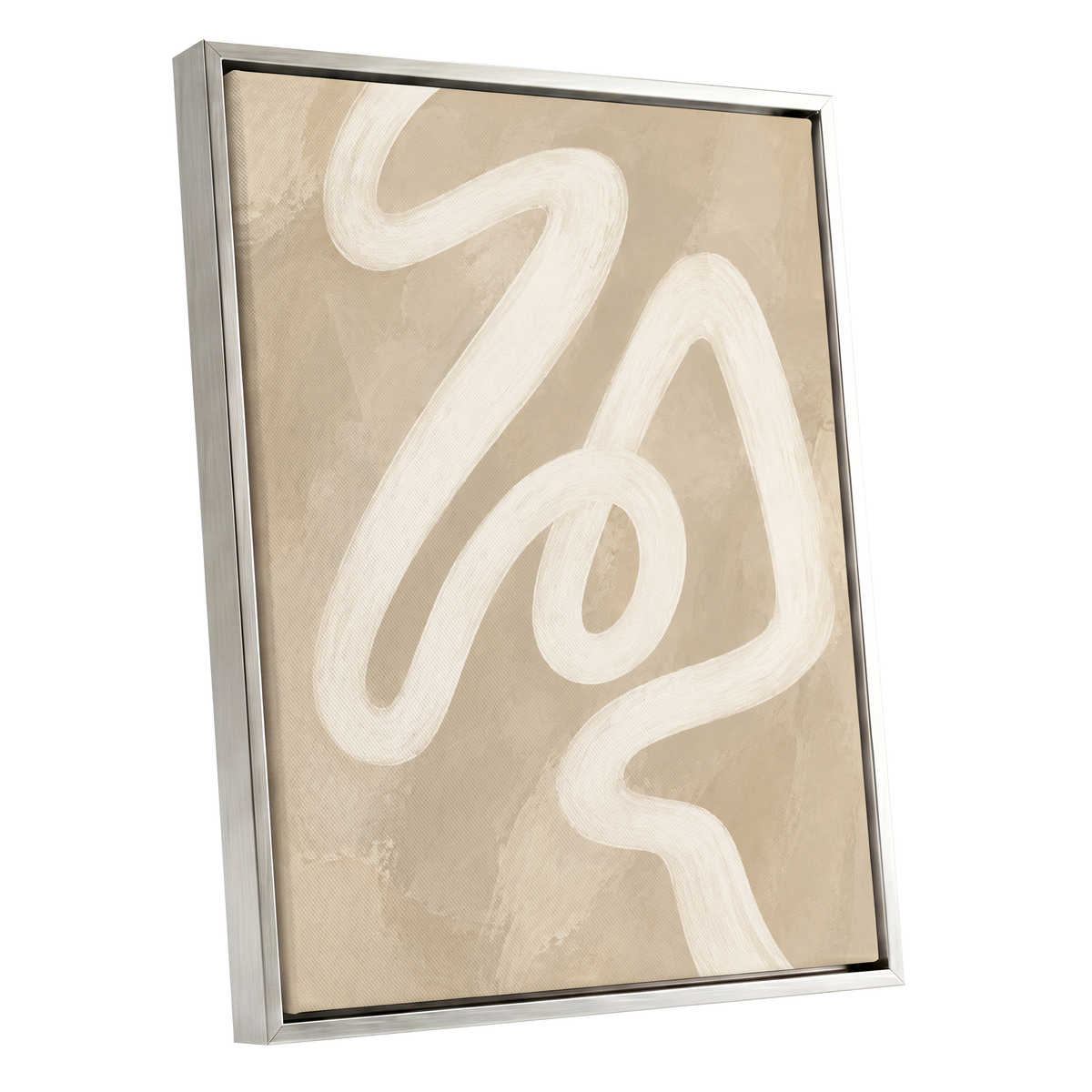 Ivory Meander, beige, white, brown abstract wall art shown as a silver framed canvas wall art