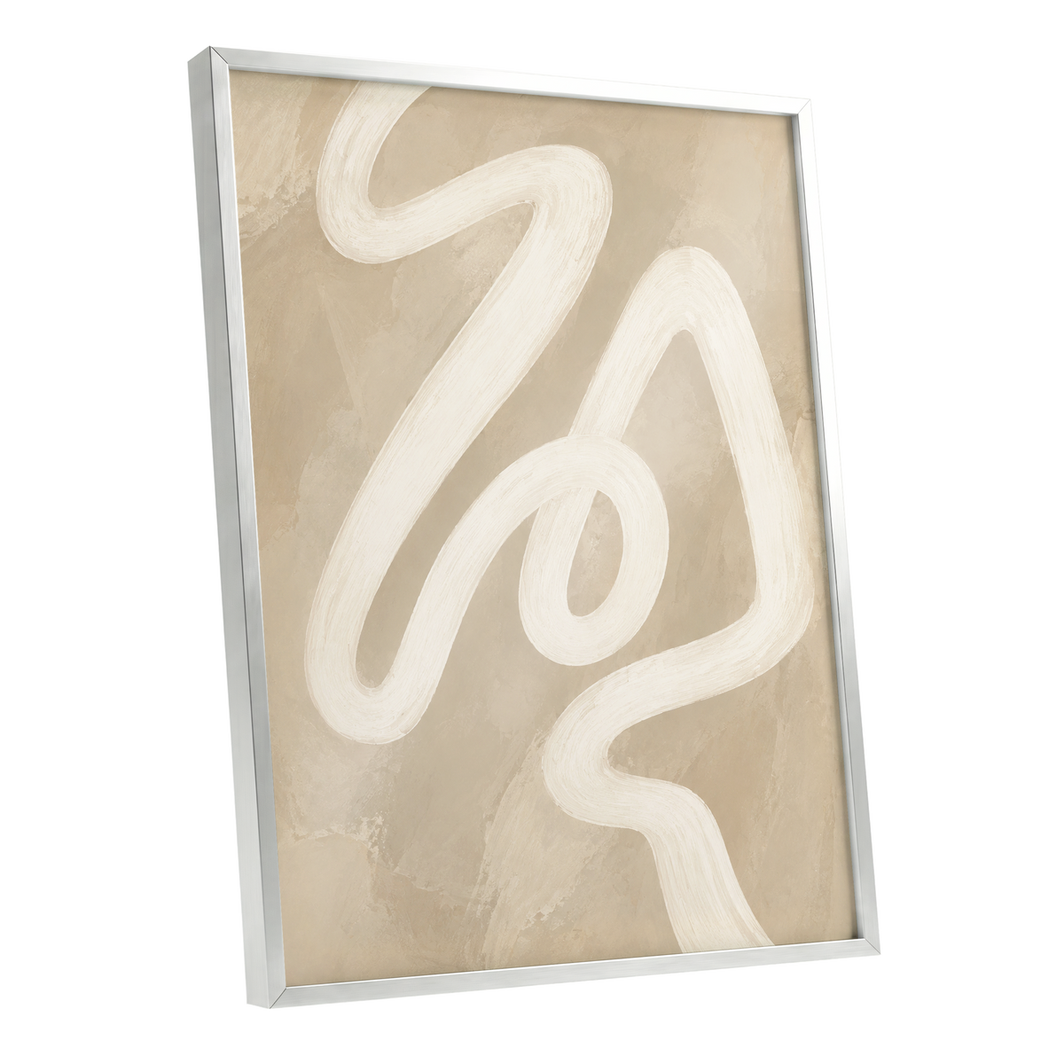 Ivory Meander, beige, white, brown abstract wall art shown as a silver framed poster wall art print