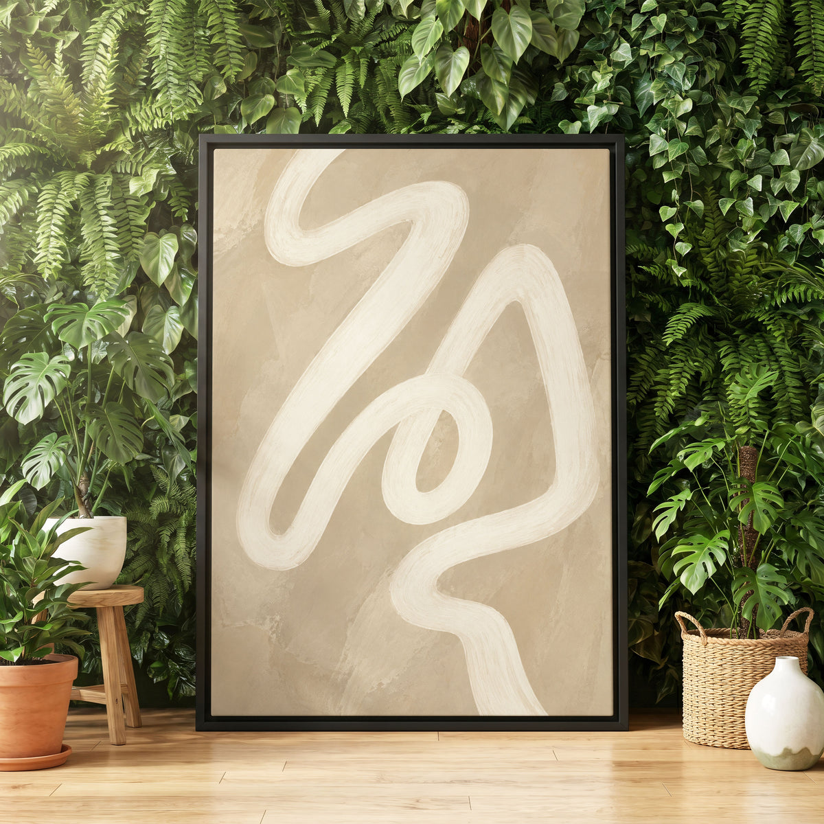 Ivory Meander, beige, white, brown abstract wall art displayed in a styled interior, gallery view 4