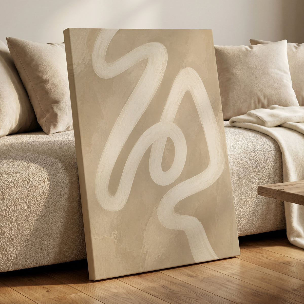 Ivory Meander, beige, white, brown abstract wall art displayed in a styled interior, gallery view 7