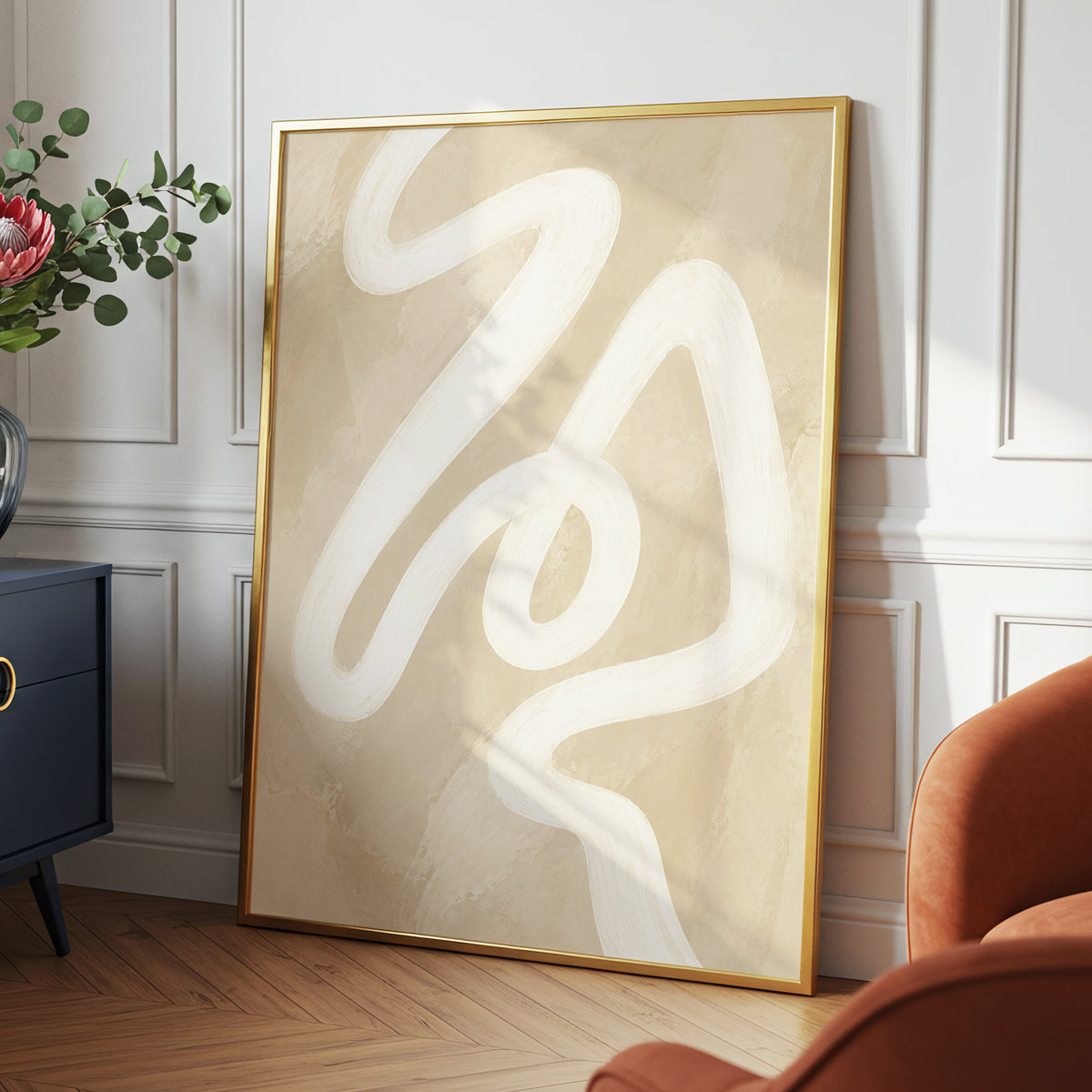 Ivory Meander, beige, white, brown abstract wall art displayed in a styled interior, gallery view 9