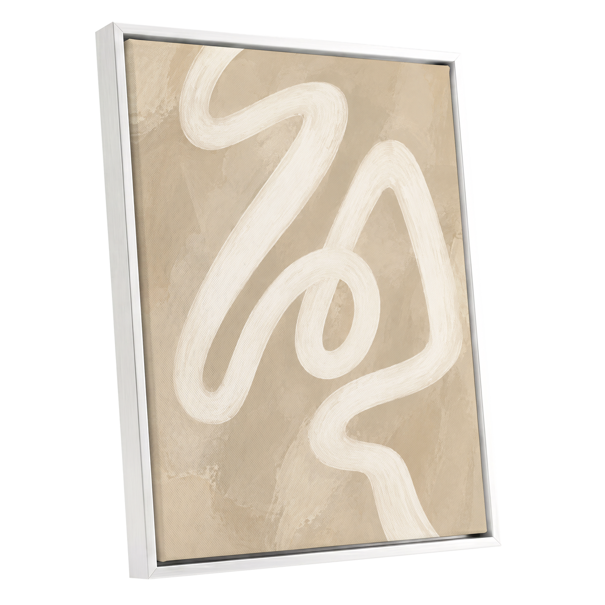 Ivory Meander, beige, white, brown abstract wall art shown as a white framed canvas wall art