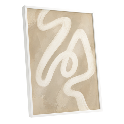 Ivory Meander, beige, white, brown abstract wall art shown as a white framed poster wall art print