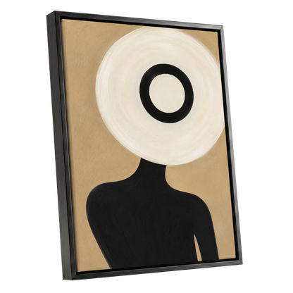 Ivory Orbit, beige, white, black minimalist wall art shown as a black framed canvas wall art