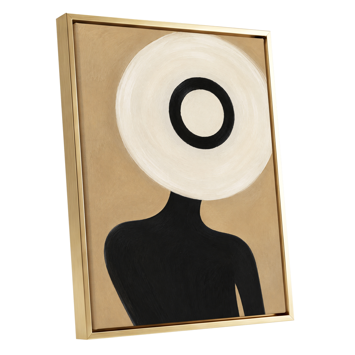 Ivory Orbit, beige, white, black minimalist wall art shown as a gold framed canvas wall art