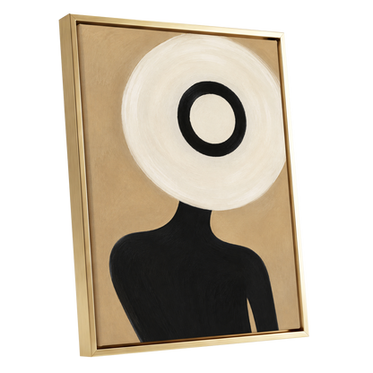 Ivory Orbit, beige, white, black minimalist wall art shown as a gold framed canvas wall art