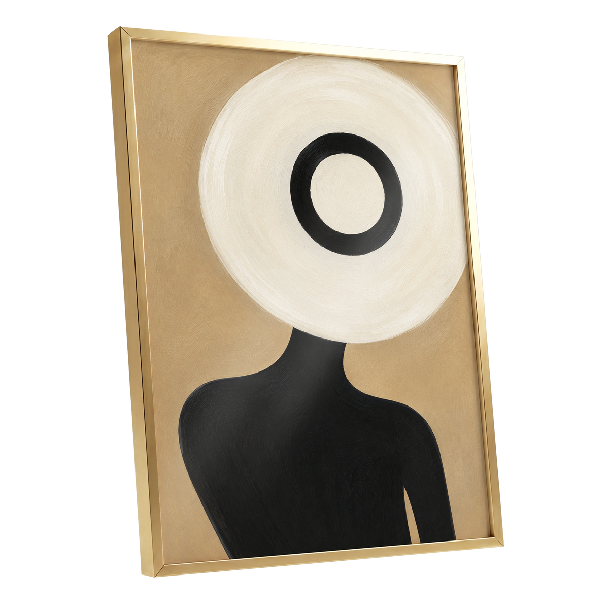 Ivory Orbit, beige, white, black minimalist wall art shown as a gold framed poster wall art print