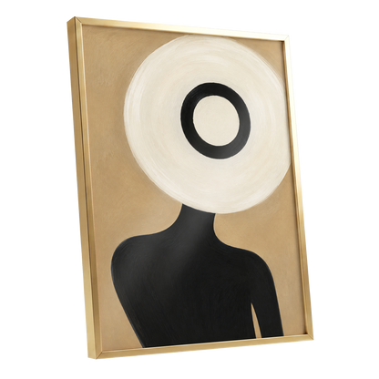 Ivory Orbit, beige, white, black minimalist wall art shown as a gold framed poster wall art print