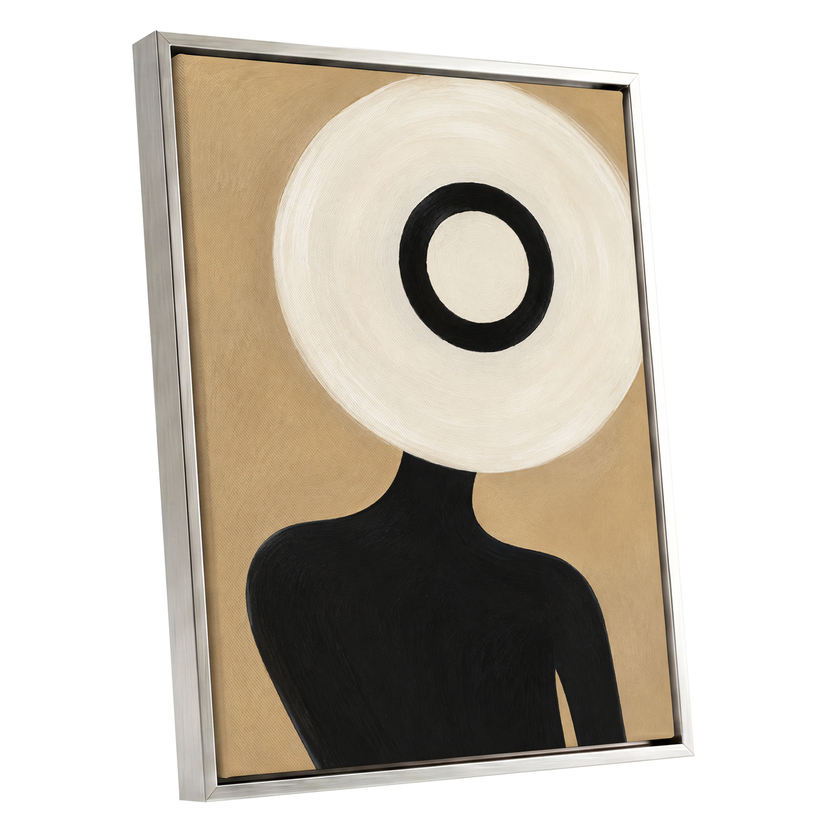 Ivory Orbit, beige, white, black minimalist wall art shown as a silver framed canvas wall art