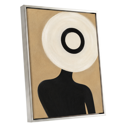 Ivory Orbit, beige, white, black minimalist wall art shown as a silver framed canvas wall art