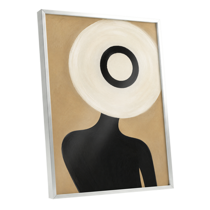 Ivory Orbit, beige, white, black minimalist wall art shown as a silver framed poster wall art print