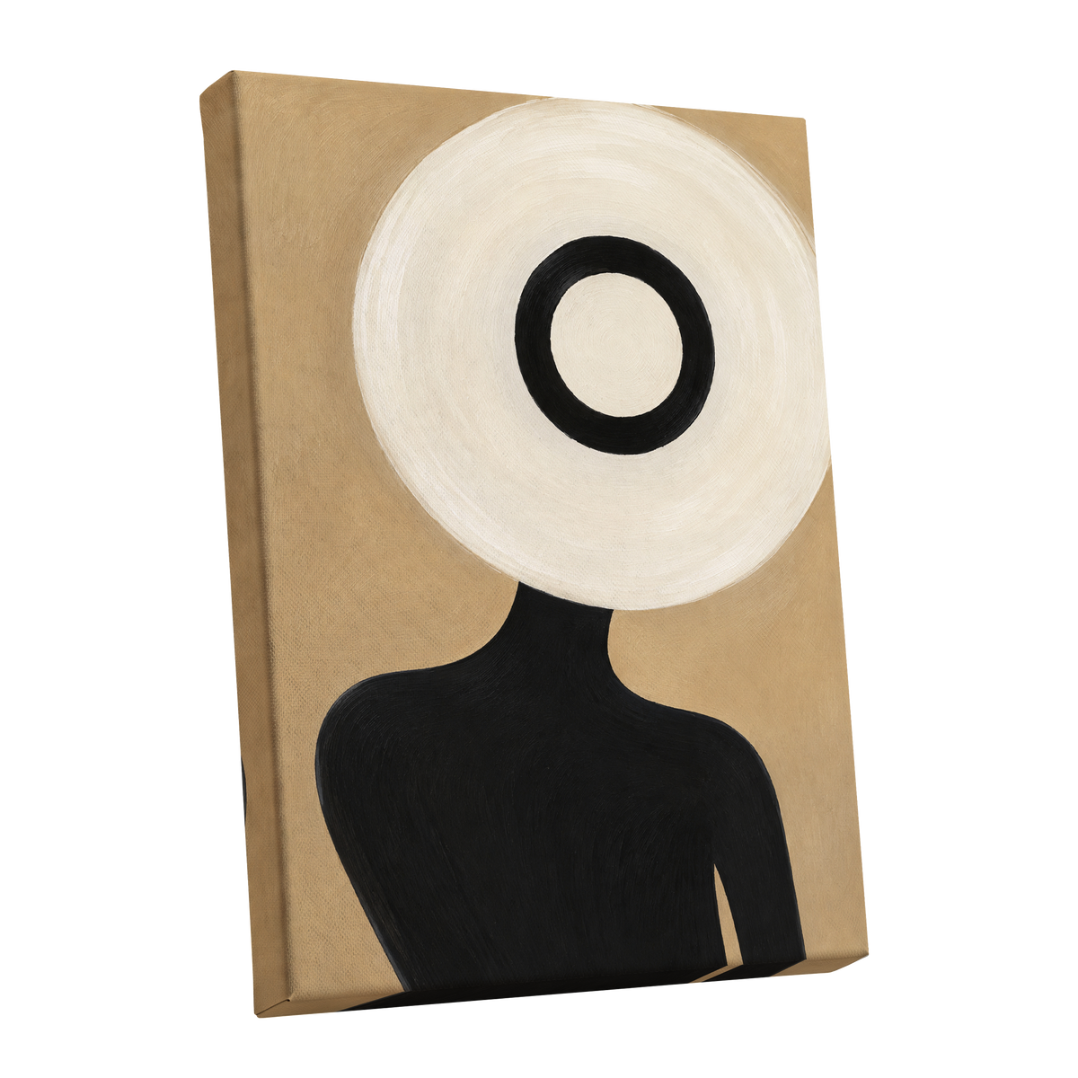 Ivory Orbit, beige, white, black minimalist wall art shown as a stretched canvas wall art