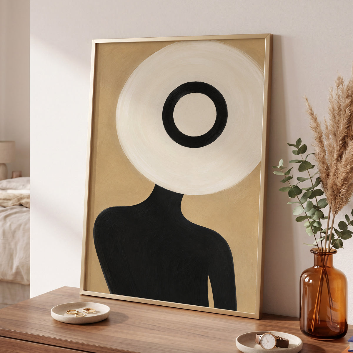 Ivory Orbit, beige, white, black minimalist wall art displayed in a styled interior, gallery view 6