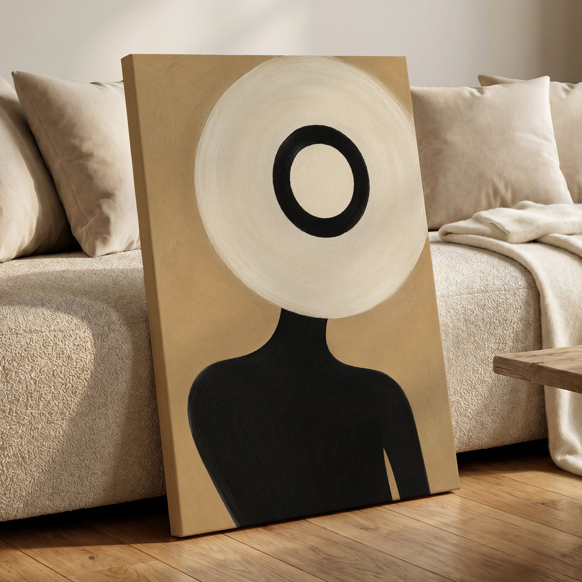 Ivory Orbit, beige, white, black minimalist wall art displayed in a styled interior, gallery view 7