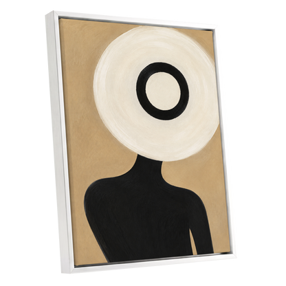 Ivory Orbit, beige, white, black minimalist wall art shown as a white framed canvas wall art