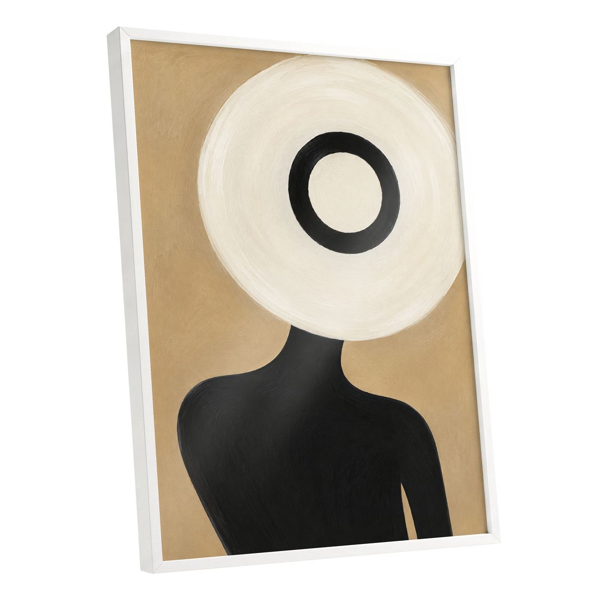 Ivory Orbit, beige, white, black minimalist wall art shown as a white framed poster wall art print