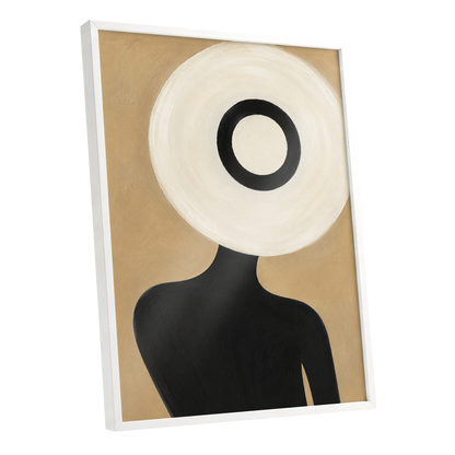 Ivory Orbit, beige, white, black minimalist wall art shown as a white framed poster wall art print