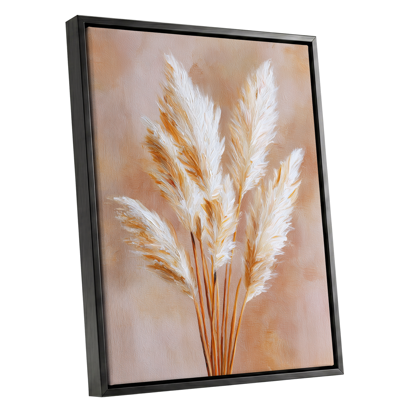 Ivory Pampas Reverie, beige, white, gold nature wall art shown as a black framed canvas wall art