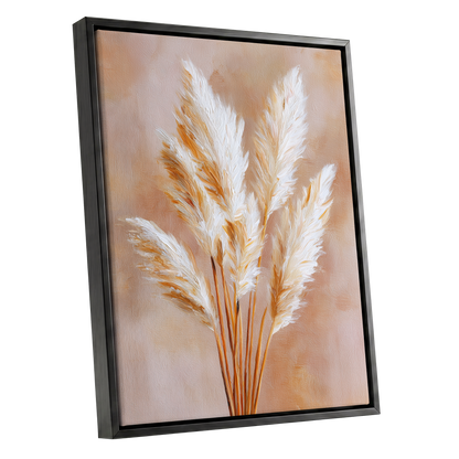 Ivory Pampas Reverie, beige, white, gold nature wall art shown as a black framed canvas wall art
