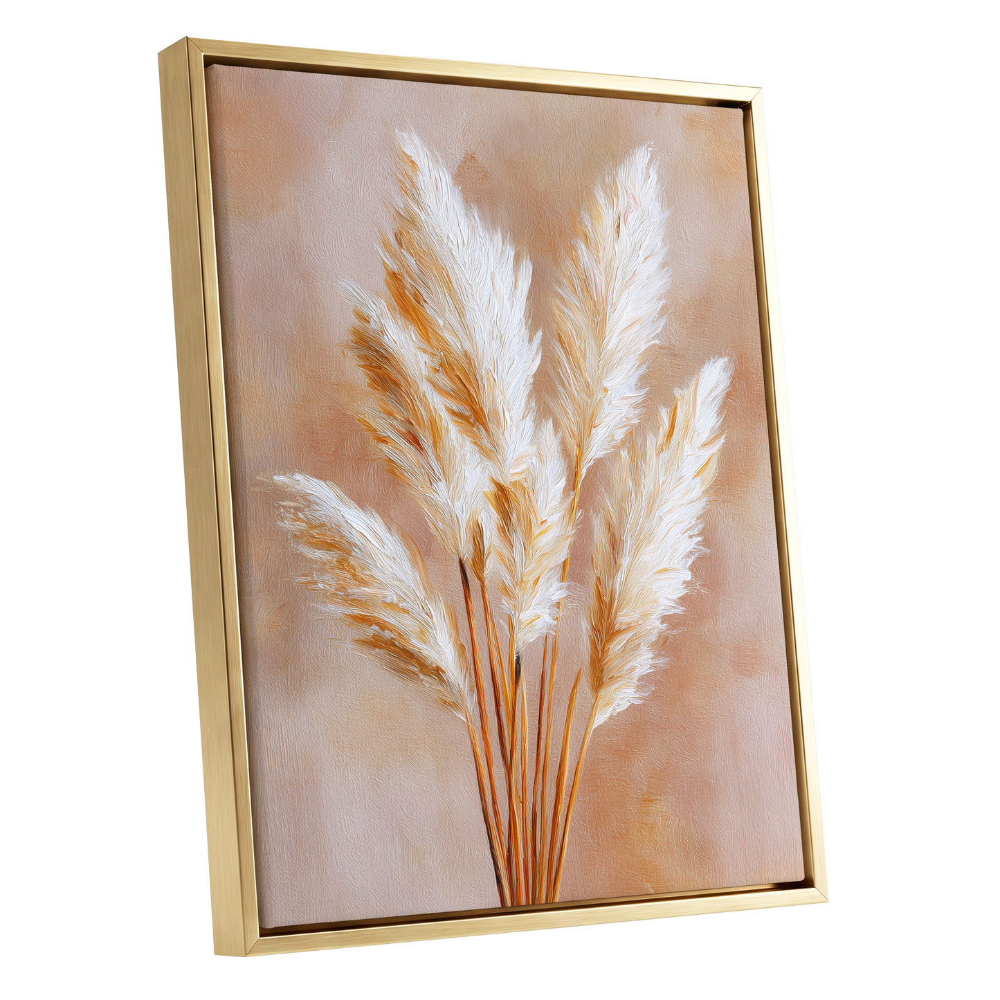 Ivory Pampas Reverie, beige, white, gold nature wall art shown as a gold framed canvas wall art