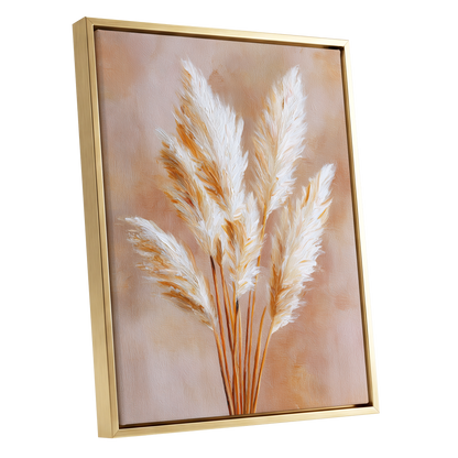 Ivory Pampas Reverie, beige, white, gold nature wall art shown as a gold framed canvas wall art