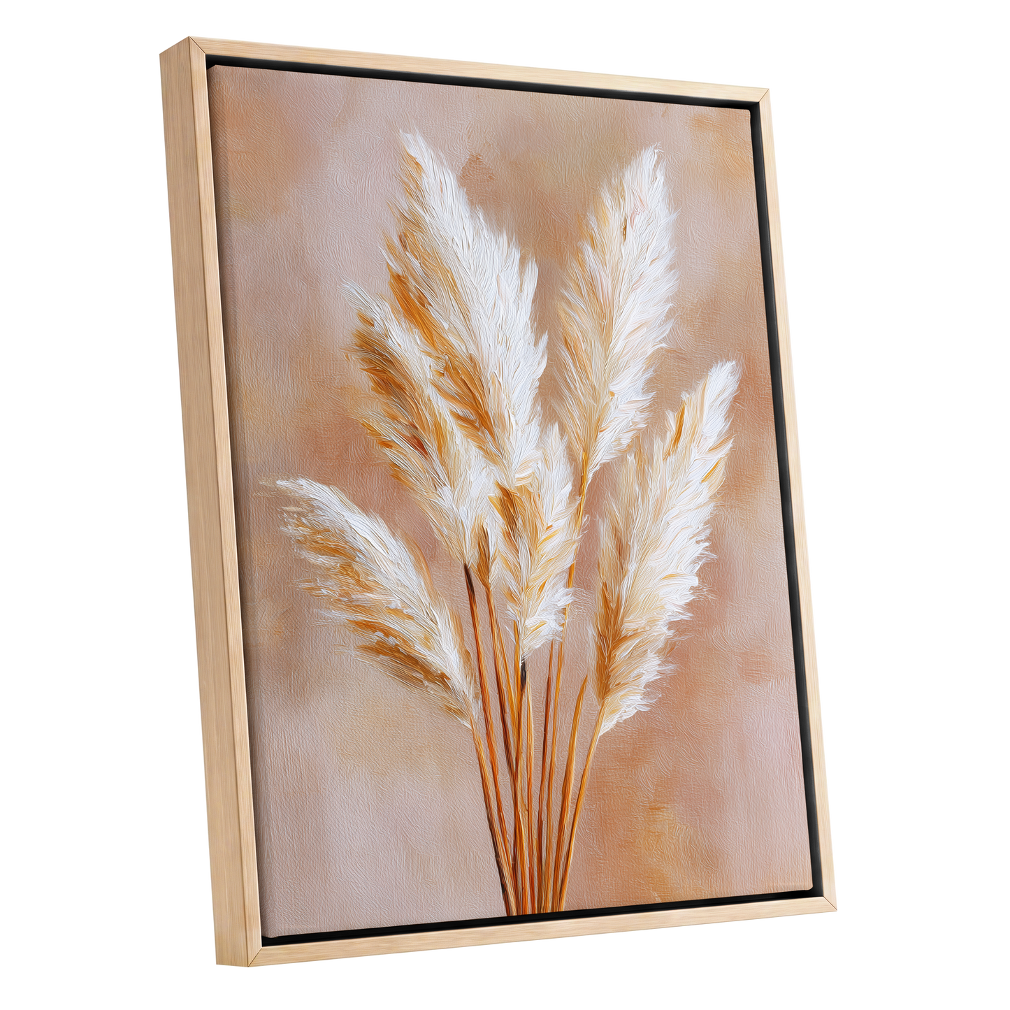 Ivory Pampas Reverie, beige, white, gold nature wall art shown as a oak framed canvas wall art