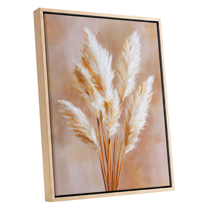Ivory Pampas Reverie, beige, white, gold nature wall art shown as a oak framed canvas wall art