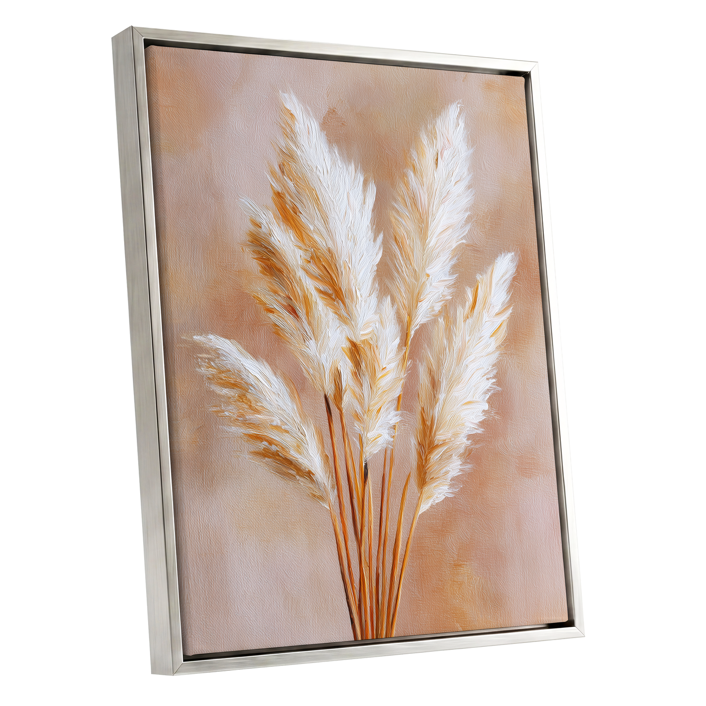 Ivory Pampas Reverie, beige, white, gold nature wall art shown as a silver framed canvas wall art