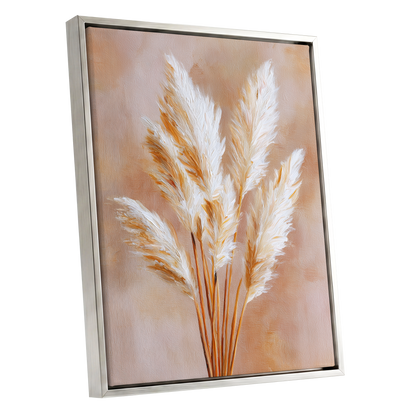 Ivory Pampas Reverie, beige, white, gold nature wall art shown as a silver framed canvas wall art