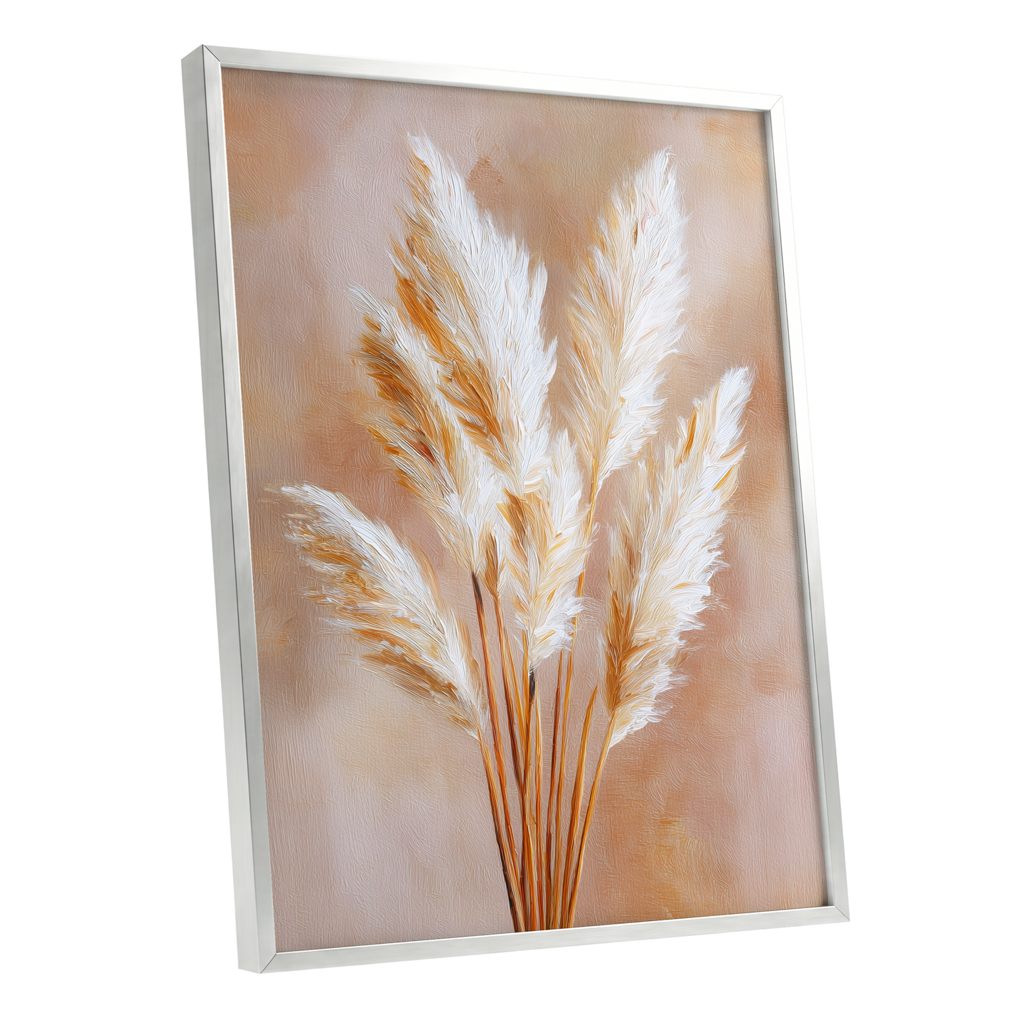 Ivory Pampas Reverie, beige, white, gold nature wall art shown as a silver framed poster wall art print