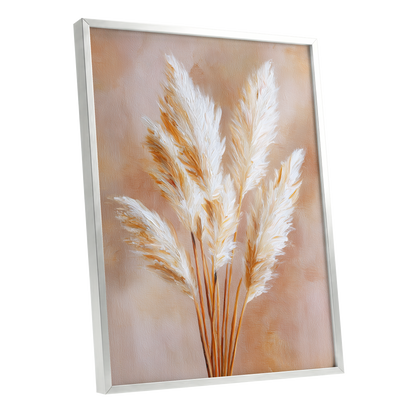 Ivory Pampas Reverie, beige, white, gold nature wall art shown as a silver framed poster wall art print