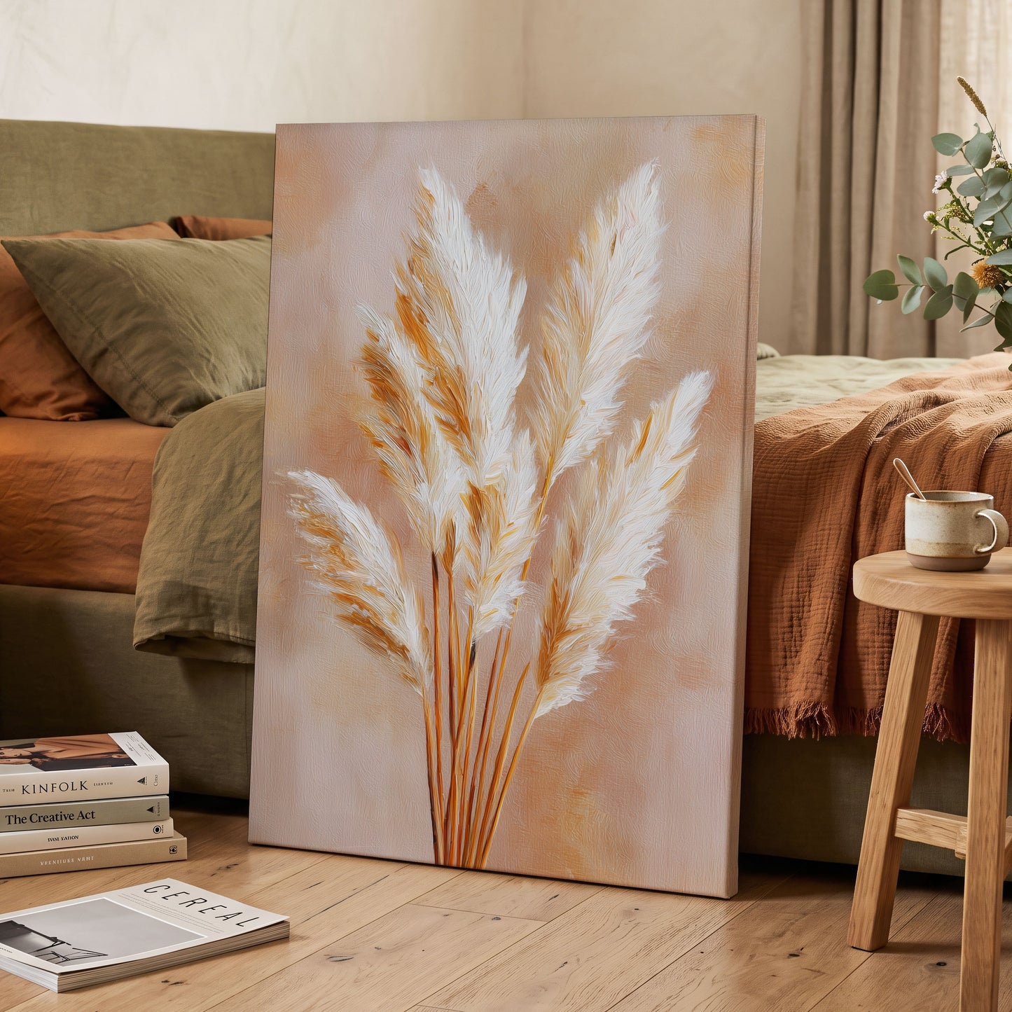 Ivory Pampas Reverie, beige, white, gold nature wall art displayed in a styled interior, gallery view 3